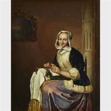 Gabriel Metsu WOMAN MAKING LACE Oil on white metal  8.3" / 21.0cm (height) x 6.5" / 16.5cm (width) Gabriel Metsu, Woman Writing, Francisco Goya, Dutch Golden Age, Writing Letters, Hieronymus Bosch, Women Writing, Johannes Vermeer, Dutch Painters