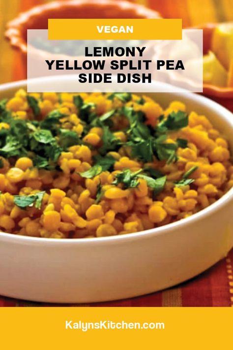 Anyone who likes lemon, garlic, and ginger will love this Lemony Yellow Split Pea Side Dish that's loaded with interesting flavors! [found on kalynskitchen.com] #YellowSplitPeaSideDish #YellowSplitPeaRecipe #LemonySplitPeas #SplitPeaSideDish Split Yellow Peas Recipes, Green Split Peas Recipes Vegan, Yellow Split Pea Recipes Vegan, Lentil Side Dish, Yellow Split Pea Recipe, Yellow Split Pea Fava, Vegan Yellow Split Pea Soup, Recipes Using Beans, Green Split Peas