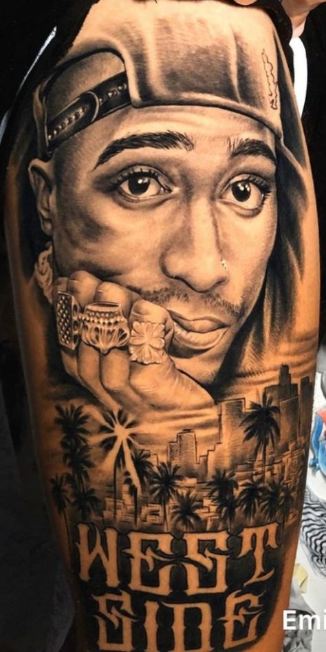 2pac Tattoos, Tupac Tattoo, Hip Hop Tattoo, Back Of Leg Tattoos, Healed Tattoo, La Tattoo, Cool Tattoo Drawings, Gangsta Tattoos, Dragon Sleeve Tattoos