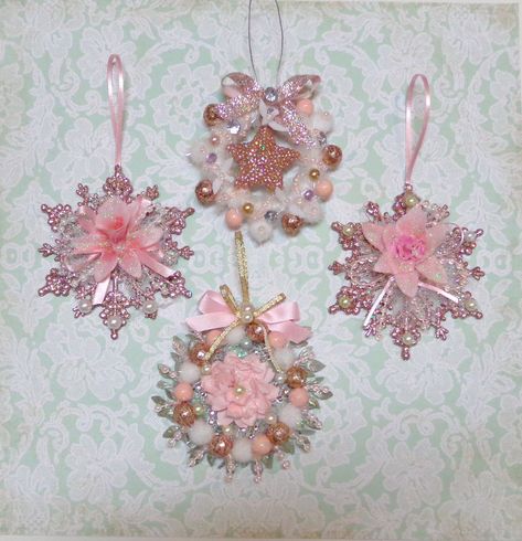 Festive Handmade Pink Danglers, Pink Shabby Chic Christmas, Pink Satin Ornaments, Pastel Pink Ornament, Shabby Chic Christmas Ornaments, Victorian Pink Ornaments, Fancy Christmas Ornaments, Shabby Chic Christmas Ornaments Bed Bath & Beyond, Satin Ribbon Bow