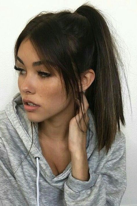 No - flat and too straight Madison Beer Hair, Sweet Hairstyles, Olivia Culpo, Best Short Haircuts, Penteado Cabelo Curto, Long Faces, Dark Brown Hair, Curtain Bangs, Grunge Hair