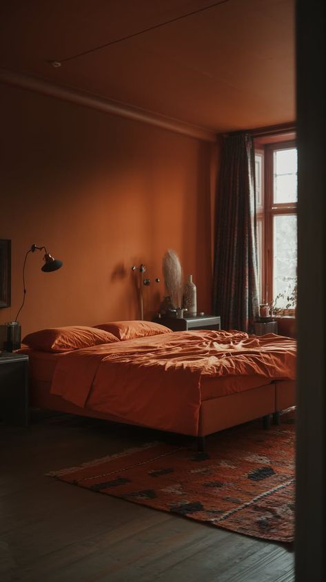 40+ Trendy Moody Bedroom Designs for a Cool and Contemporary Feel Black And Burnt Orange Bedroom, Texas King Bed, High Rise Bed, Bedroom Elements, Moody Bedrooms, Burnt Orange Bedroom, Dark Romantic Bedroom, Chic Bedroom Ideas, Cool Loft Beds