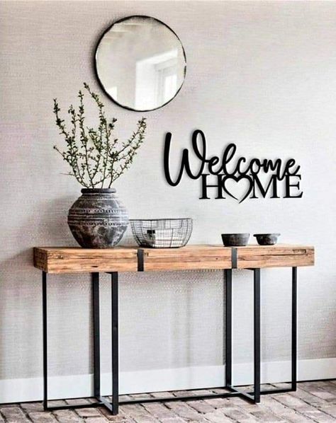 Family Photos Wall Decor, Living Room Ideas Cozy, Rustic Entryway Table, Room Ideas Cozy, Living Room Ideas Modern, Room Ideas Modern, Home Hall Design, Entryway Table Decor, Barrel Furniture