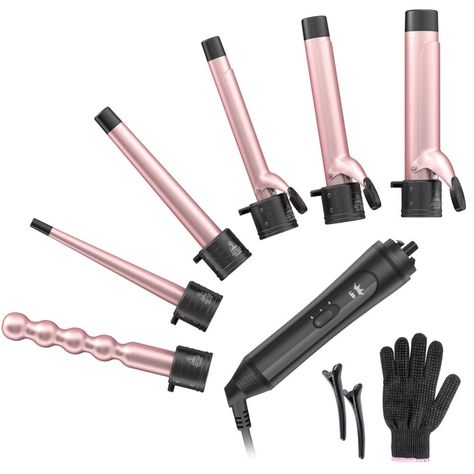 Amazon.com: 6-IN-1 Curling Iron, Professional Curling Wand Set, Instant Heat Up Hair Curler with 6 Interchangeable Ceramic Barrels (0.35'' to 1.25'') and 2 Temperature Adjustments, Heat Protective Glove & 2 Clips: Health & Personal Care Corkscrew Curls, Wand Curling Iron, Good Curling Irons, Curling Wand Set, Best Curlers, Barrel Curling Iron, Curling Iron Hairstyles, Curling Hair With Wand, Big Curls