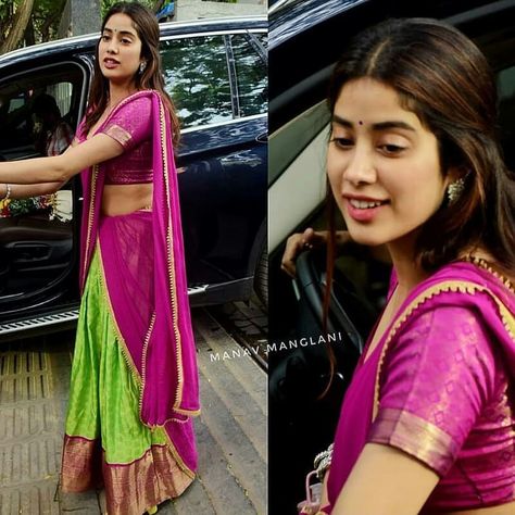 Jhanvi Kapoor South Indian Look, Bollywood Day In College Ideas, South Indian Look, Tirupati Temple, South Dress, Priyanka Chopra Dress, Saree Lengha, Desinger Dresses, Kerala Saree Blouse Designs