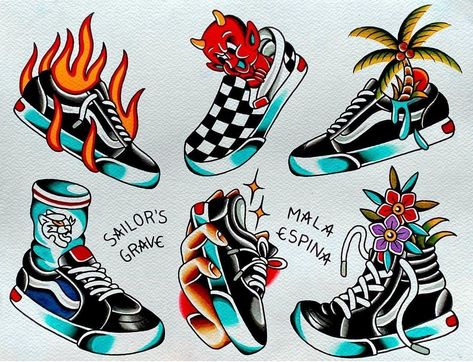 Vans Tattoo Ideas, American Traditional Gap Filler Tattoos, Vans Tattoo, Gap Filler Tattoo, Traditional Tattoo Stencils, Traditional Tattoo Flash Art, Rockabilly Tattoo, American Traditional Tattoo Ideas, Traditional Tattoo Flowers