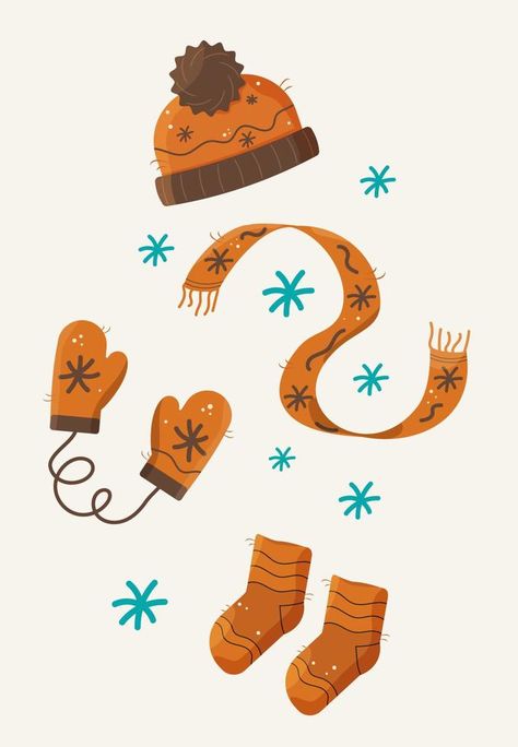 Clothes set winter and autumn. Orange hat, scarf, mittens, socks, snowflakes. Vector illustration Scarf Clipart, Snowflake Illustration, Scarf Illustration, Scarf Drawing, 2024 Bujo, Clothes Illustration, Orange Hat, Autumn Orange, Orange Hats