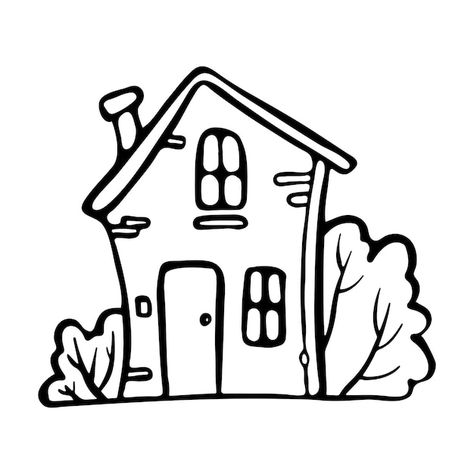 Cute house with bushes outline doodle ca... | Premium Vector #Freepik #vector #brick-house #cute-house #house-line-art #flat-house Brick House Drawing, House Outline Drawing, Outline Drawing Tattoo, Drawing Outlines, House Outline, Flat House, Doodle Cartoon, Outline Drawing, House Drawing