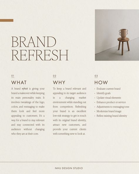 Brand Refresh VS. Rebrand ✨ While both a brand refresh and a rebrand aim to enhance a company's image and market position, the extent of changes and the level of continuity with the existing brand identity distinguish the two strategies. A brand refresh involves updating certain elements while maintaining the core identity, whereas a rebrand involves a more comprehensive overhaul, including changes to the brand's name, visual identity, and messaging. . . . #branding #nowbooking #modernbran... Rebranding Presentation, Rebrand Aesthetic, Aperitivo Hour, Pitch Template, Web Design Websites, Social Media Content Planner, Business Branding Inspiration, Business Graphics, Social Media Branding Design