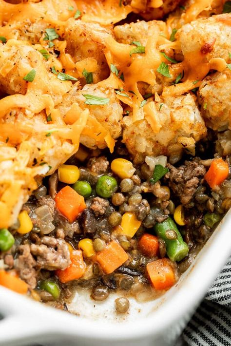 This Healthy Tater Tot Casserole is an upgraded comfort food recipe made with simple, real-food ingredients to keep the whole family nourished and satisfied. We’ve incorporated canned lentils and frozen veggies for more nutrition in the most convenient ways. Healthy Tater Tot Casserole, Casserole With Beef, Healthy Tater Tots, Lentil Casserole, Canned Lentils, Tater Tot Casserole Recipes, More Nutrition, Frozen Cauliflower Rice, Tot Casserole