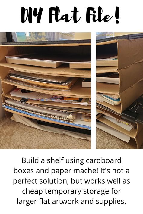 Build a shelf using cardboard and paper mache! It's not a perfect solution, but works well as a cheap temporary storage solution for larger flat artwork and supplies. You could build a more permanent version with wood if you have the space and tools! While I save up for a flat file, this does the job. Diy Flat File, Cardboard Box Crafts Storage, Sheets Storage, Build A Shelf, Art Supply Storage, Tool Box Diy, Flat File, Cardboard Storage, Art Supplies Storage