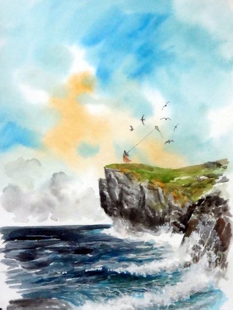 Watercolor Cliff Landscapes, Sea Cliff Painting, Ocean Cliff Painting, Cliff Painting Acrylic, Watercolor Cliff, Cliff Watercolor, Cliff Illustration, Cliff Drawing, Alice Painting