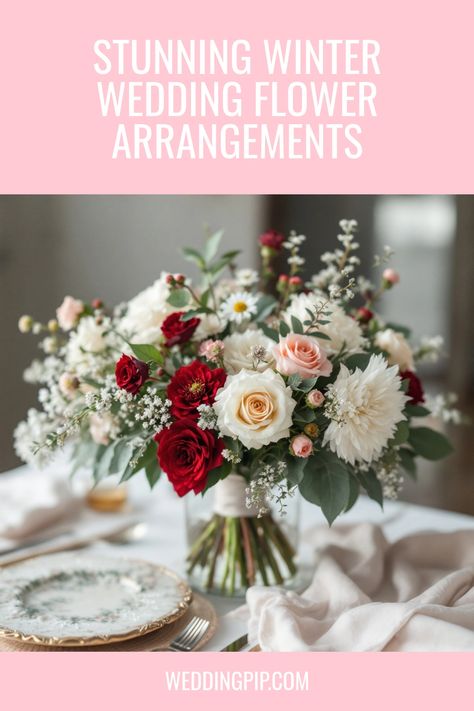 Elegant winter wedding bouquet with red and white roses, dahlias, and greenery on a table with fine china. Flowers For A December Wedding, December Wedding Flowers, Winter Wedding Flower Arrangements, Luxury Centerpieces, Reception Table Centerpieces, Wrist Corsage Prom, Winter Floral Arrangements, Winter Arrangements, Colorful Wedding Flowers