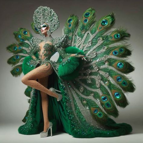 Peacock Carnival Costume, Peacock Belly Dance Costume, Peacock Burlesque Costume, Peacock Outfit Design, Recycled Gown, Worst Outfits, Peacock Feather Dress, Drag Queen Costumes, Fashion Show Themes