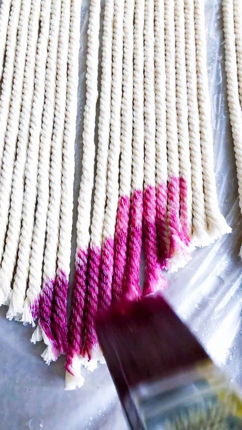 Diy Dyed Macrame Wall Hanging, Painted Macrame Wall Hanging, Macrame Dyed Wall Hanging, How To Color Macrame Rope, How To Dye Macrame, Dip Dyed Macrame, How To Dye Macrame Wall Hanging, Dip Dyed Macrame Wall Hanging, Dye Macrame Rope Diy