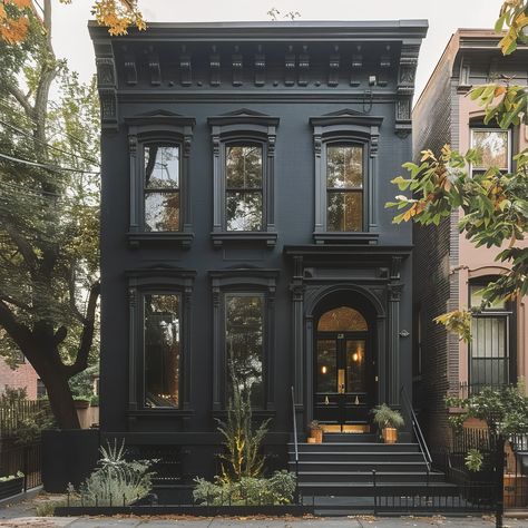 Modern Brownstone, Brownstone Homes, Geneva Ny, Brooklyn House, Townhouse Exterior, San Myshuno, Black Houses, Paint Color Ideas, Brooklyn Brownstone