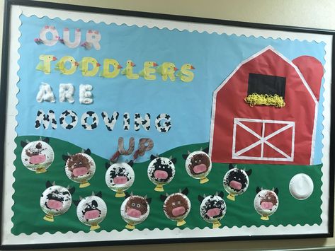 Preschool toddler transition farm/ transition themed bulletin board Preschool Farm Bulletin Board, Farm Decorations For Classroom, Cow Bulletin Board Ideas, Farm Bulletin Board Ideas, Farm Classroom Decorations, Farm Classroom Theme Decor, Farm Valentines, Twos Activities, Classroom Wall Decorations