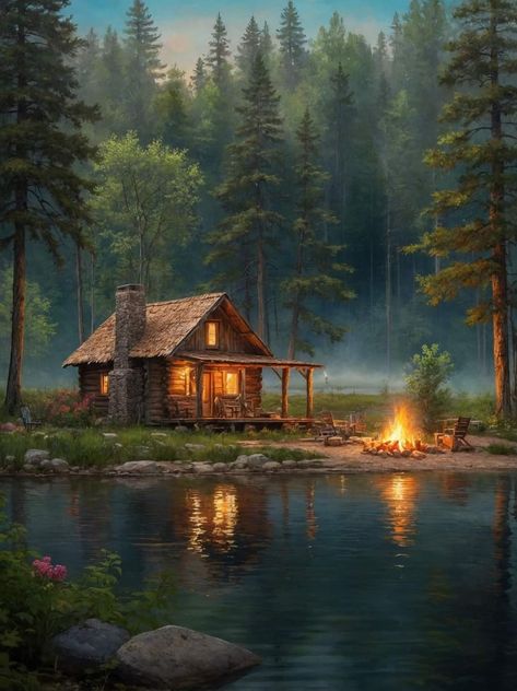 Bob Ross Cabin Painting, Cabin In The Woods Painting, Cottages In The Woods, Cabin Painting, Atlantis The Lost Empire, Lake Painting, Country Cabin, Wooden Cabins, Landscape Art Painting