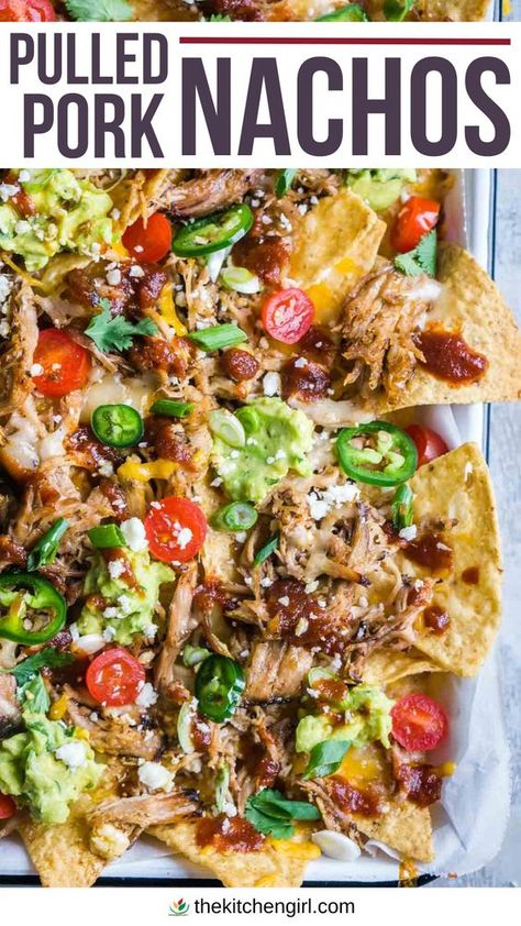 Pulled pork nachos are a game day must! Indulge in crispy tortilla chips under juicy pulled pork, melted cheese, BBQ sauce, guacamole, and classic Mexican toppings. Pulled Pork Nachos Loaded, Bbq Nachos Recipe Pulled Pork, Bbq Nachos Recipe, Mexican Toppings, Pulled Pork Nachos Recipe, Pork Nachos Recipe, Skillet Nachos, Nachos Recipes, Nacho Recipe