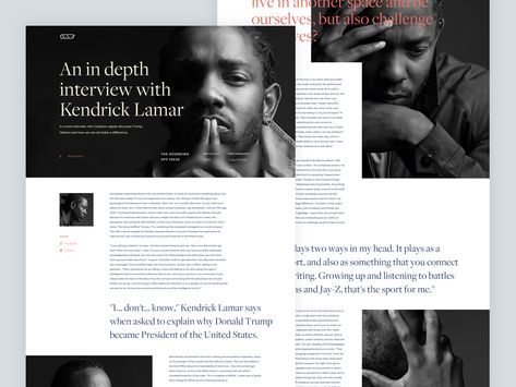 By Jonathan Vuijk. This is a concept redesign of an interesting interview with Kendrick Lamar by Vice. #conceptdesign #interview #layout #blog #vice #design #layoutdesign #inspiration #branding #typography #elegant Magazine Interview Layout Design, Interview Design Layout, Interview Layout Design, Magazine Interview Layout, Interview Layout, Typography Elegant, Newspaper Design Layout, Layout Book, Indesign Layout