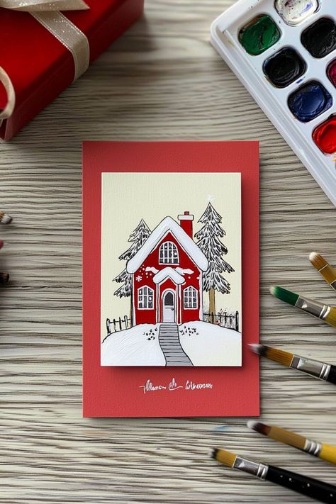 A hand-painted Christmas card featuring a cozy red house with snow-covered trees, perfect for holiday greetings. Diy Christmas Cards Ideas, Blue Christmas Cards, Hand Painted Christmas Cards, Christmas Cards Ideas, Handpainted Christmas Ornaments, Painted Christmas Cards, Snowman Christmas Cards, Santa Christmas Cards, Christmas Card Ornaments