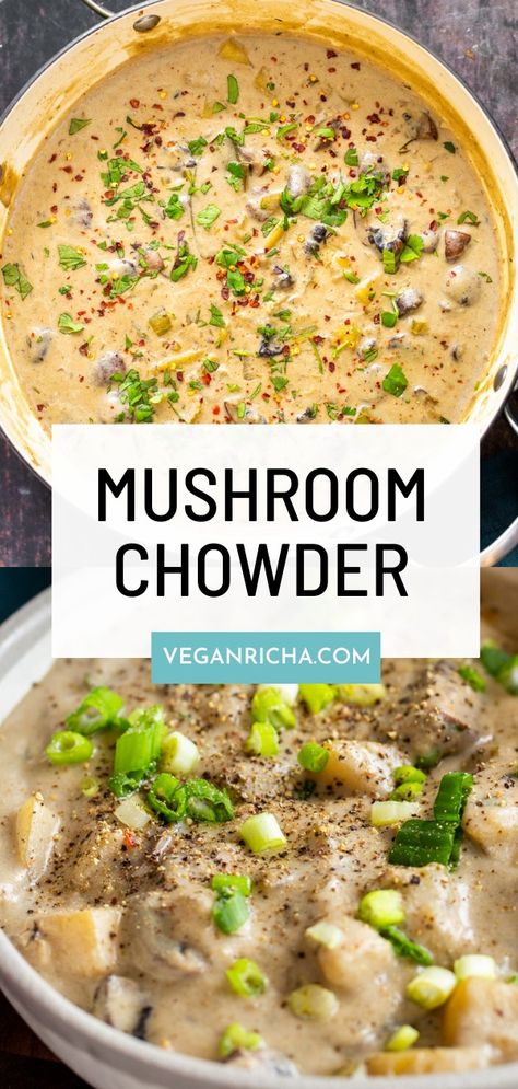 Vegan Mushroom Chowder -  forget the canned stuff! This vegan mushroom soup is dairy-free thanks to cashew cream and so easy to make! Oyster Mushroom Clam Chowder, Vegan Oyster Mushroom Recipes, Mushroom Chowder, Vegan Clam Chowder, Vegan Stews, Dr Greger, Vegan Mushroom Soup, Vegetarian Soups, New England Clam Chowder