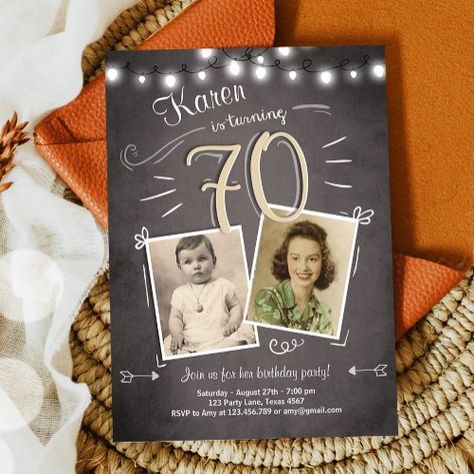 Birthday Invitations 70 Years Old, 70th Birthday Invites Women With Picture, Birthday Man, Surprise Birthday Invitations, 70th Birthday Invitations, Birthday Women, 80th Birthday Invitations, 70s Party, Vintage Birthday Cards