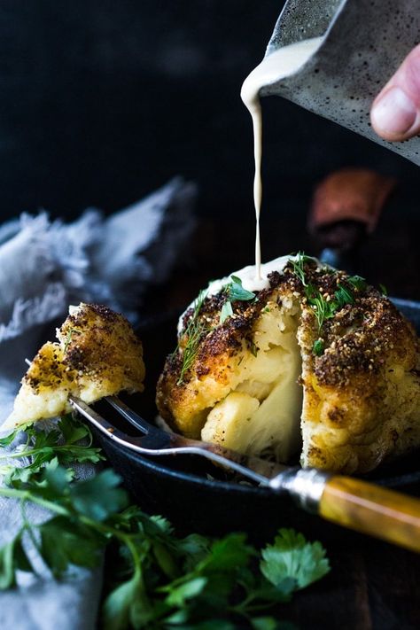 Whole Roasted Cauliflower With Tahini, Roasted Cauliflower With Tahini, Cauliflower With Tahini, Best Cauliflower Recipe, Tasty Cauliflower, Zaatar Spice, Cauliflower Recipes Healthy, Cauliflower Couscous, Feasting At Home