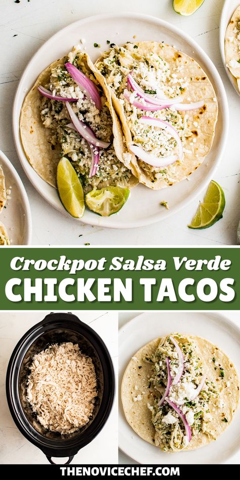 Salsa Verde Chicken Tacos in the Crockpot are an easy Taco Tuesday recipe! Made with tangy, savory salsa verde, these shredded chicken tacos will have everyone in the family fighting for the last one! Crockpot Salsa Verde Chicken, Crockpot Salsa Verde, Salsa Verde Chicken Tacos, Crockpot Shredded Chicken Tacos, Salsa Verde Chicken Crockpot, Slow Cooker Salsa Verde Chicken, Crockpot Salsa, Salsa Chicken Crockpot, Chicken Verde