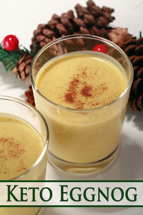 2 small glasses of keto eggnog, with pine cones, berries, and greenery behind them. Low Carb Eggnog Recipe, Eggnog Rezept, Cooked Egg Nog, Keto Eggnog, Low Carb Christmas, Low Carb Drinks, Keto Christmas, Eggnog Recipe, Egg Nog