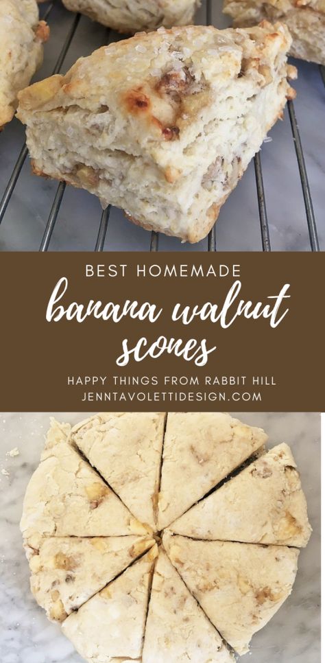 Banana Bread Scones Recipe, Banana Walnut Scones, Banana Walnut Recipes, Banana Scones Recipe Easy, Banana Scones Recipe, Banana Nut Scones, Overripe Banana Recipes, Walnut Scones, Banana Scones