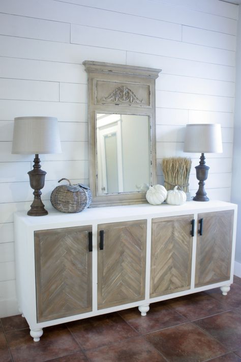 Herringbone Door, Buffet Table Ideas, Diy Buffet Table, Diy Buffet, Diy Sideboard, Farmhouse Buffet, Farmhouse Sideboard, Rustic Console Tables, Diy Shutters