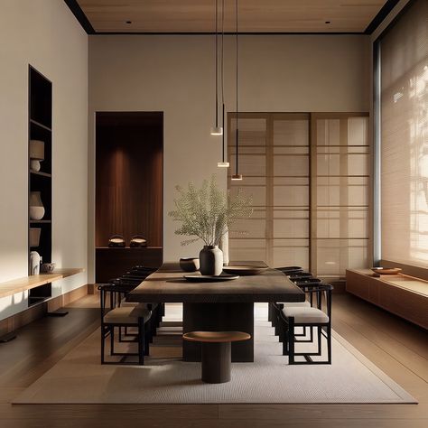 A fusion of Japanese and Scandinavian aesthetics, Japandi style embraces minimalism and functionality, characterised by clean lines, natural materials, and a neutral colour palette. The spaces are designed to evoke a sense of tranquility and simplicity, with an emphasis on light, space, and natural elements. Furniture pieces are low-profile and crafted from wood, while decor elements include organic textures and soft fabrics, creating a harmonious and serene environment that promotes relaxati... Japandi Restaurant Interior, Japandi Dark Wood, Japandi Lights, Japanese Dining Room, Japandi Dining Room, Japandi Dining, Random Reference, Holistic Design, Serene Environment