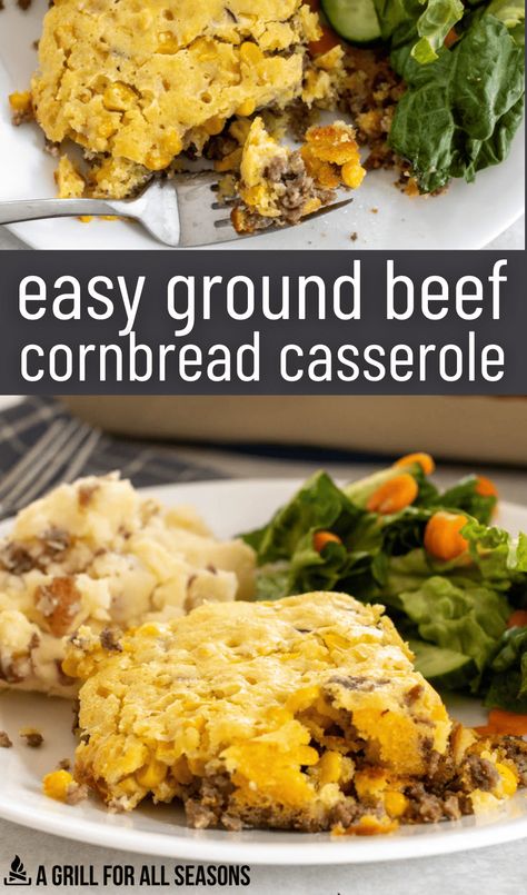 The whole family will be asking for seconds of this Hamburger Corn Casserole Recipe with Jiffy Cornbread. It's a simple and hearty weeknight dinner recipe loaded with ground beef, sweet cornbread, and easy ingredients that you likely already have at home. It's one of the best main dish recipes! Hamburger Meat Recipes With Cornbread, Jiffy Cornbread Hamburger Casserole, What To Do With Jiffy Cornbread, Hamburger And Jiffy Cornbread Recipes, Corn Bread Hamburger Recipe, Ground Turkey And Cornbread Recipes, Jiffy Hamburger Casserole, Ground Beef And Jiffy Cornbread Recipes, Hamburger And Cornbread Recipes