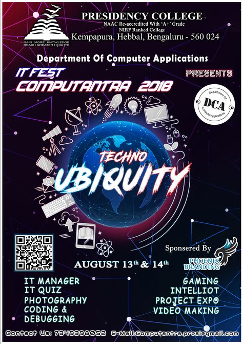 Technology Poster for college IT Fest  Techno Ubiquity = Technology Everywere College Fest Poster Design, Tech Fest Poster, College Fest Posters, Coding Logo, Tech Poster, College Fest, Technology Poster, College Event, Technology Posters