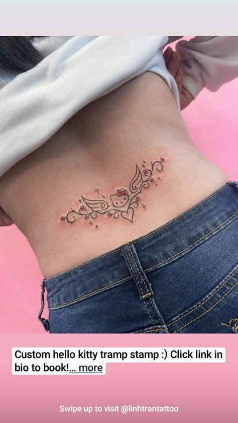 Hello Kitty Chest Tattoo, Dark Skin Tattoo, Pink Tattoo, Hello Kitty Tattoos, Stomach Tattoos, Sternum Tattoo, Thigh Tattoos Women, Tattoo Design Book, Dainty Tattoos