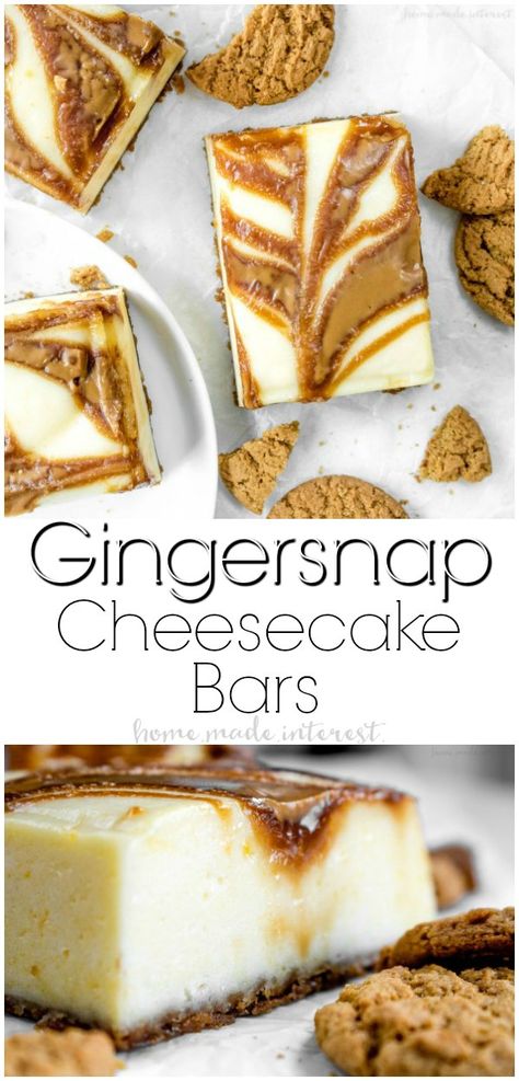 These easy Gingersnap Cheesecake Bars are creamy cheesecake with swirls of delicious cookie butter running through it, baked on top of a gingersnap cookie crust. It is a delicious cheesecake recipe that makes a great dessert for Thanksgiving or Christmas dessert! #christmas #gingersnaps #ginger #cheesecake #dessert #christmasdessert #cookiebutter #homemadeinterest Ginger Snap Cheesecake, Gingersnap Cheesecake, Ginger Cheesecake, Desserts Cheesecake, Delicious Cheesecake Recipes, Dessert Christmas, Gingersnap Crust, Christmas Desserts Easy, Cookie Butter