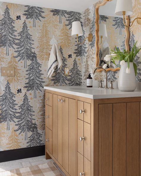 A 1982 throwback - loving the Universal City Studios themed E.T., Be Good Wallpaper from @hyggeandwest 🖤. Perfectly paired with our Murphy Vanity, available in our signature vanity collection in Pecan. #jkedmundblvd #liveinthedetails Design, Build, Custom Vanity: @jkath_designbuild Photo: @spacecrafting_photography #ET #wallpaperdecor #bathroomwallpaper #jkvanitycollection Light Wood Vanity, Jkath Design, Moonlit Forest, Custom Vanity, Two Friends, Wood Vanity, Wallpaper Calculator, Bathroom Wallpaper, Wallpaper Decor