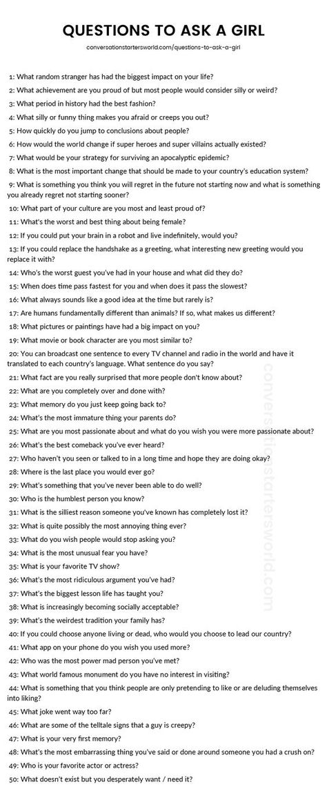 A list of great questions to ask a girl! Plus tips for asking each question on the site. Questions To Ask A Girl, Conversation Starter Questions, Questions To Ask Your Boyfriend, Conversation Topics, List Of Questions, Fun Questions To Ask, Deep Questions, Getting To Know Someone, Your Boyfriend