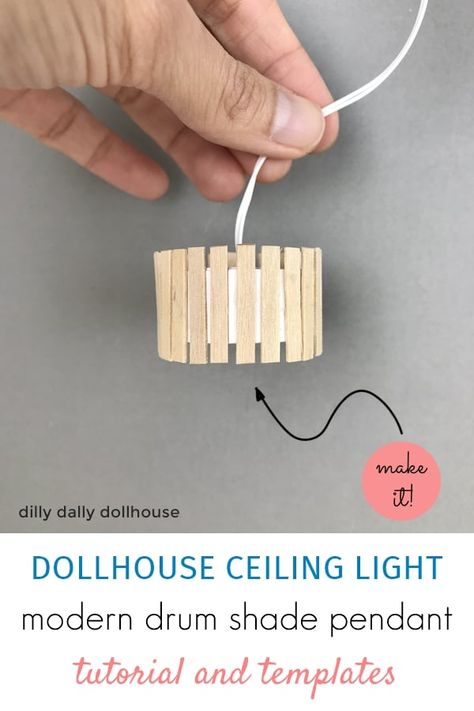 DIY Modern Miniatures | Tutorial for Dollhouse Light | dillydallydollhouse.com Diy Furniture For Doll House, Diy Barbie Chandelier, Wood Barbie Furniture, Doll House Furniture Diy Recycled, How To Make Tiny Furniture, Lundby Dollhouse Diy, Diy Dollhouse Lighting, Diy Dollhouse Lights, Diy Dollhouse Miniatures Projects