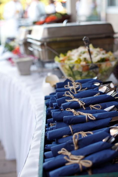 We tied up the silverware with a tag that said "Happily Ever After Branden & Katie June 1,2013" it was a detail that made it a little more elegant and helped ppl bc they weren't trying to juggle a handful of silverware and a napkin Denim Party, Denim Wedding, Blue Napkins, Denim And Diamonds, Wedding Buffet, Boda Mexicana, Los Angeles Wedding, Homemade Treats, Wedding Los Angeles