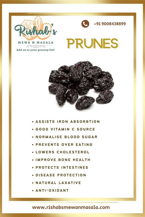 Prunes contain manganese, iron and plant phenolics that function as antioxidants and help protect the cell membranes from free radical damage.  Prunes are loaded with soluble fibre called pectin, which is known to keep your gut health intact. The Health Benefits of Prunes · Relieves Constipation · May Reduce Colon Cancer Risk · Helps Weight Management and Loss · Supports Bone Health. Benefits Of Prunes, Prunes Benefits, Dehydrated Fruit, Relieve Constipation, Soluble Fiber, Lower Cholesterol, The Cell, Bone Health, Grocery Lists