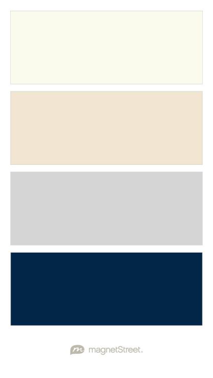 Ivory, Champagne, Silver, and Navy Wedding Color Palette - custom color palette created at MagnetStreet.com Coral Color Schemes, Peach Wedding Colors, Silver Color Palette, Navy Wedding Colors, Teal Wedding Colors, Custom Refrigerator, Burgundy Wedding Colors, Gold Color Combination, Pintura Exterior