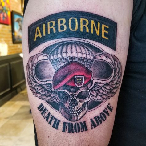 #airbornetattoo done with #crowncartridges and #sceptercartridges by @kingpintattoosupply Email to schedule appointments ettorebechis@gmail.com #Airborne #forces #groundcombat #units #aircraft #airdropped #battlezones #parachuting #kingpintattoosupply #tattoo #tattoos #tattooart #tattooedmen #besttattoo #mentattoo #tattooformen #tattoolife #beautifultattoo #ideatattoo #perfecttattoo #bodyart #ink #inked #palmcoast #besttattooshop #overlordtattoo #military Army Airborne Tattoo, 82nd Airborne Tattoo, Special Forces Tattoo, Airborne Tattoos, Scottish Tattoos, Chest Tattoo Drawings, Gray Tattoo, Patriotic Tattoos, Airborne Forces