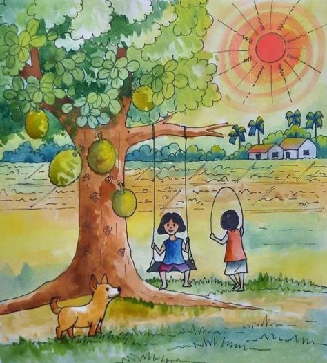 #kids #activity #shorts #education #school #craft #childrenart #creativity #skills #motivation #work #teachersofinstagram #educatorsofinstagram #learning Summer Season Drawing, Nature Drawing For Kids, Village Scene Drawing, Scenery Drawing For Kids, Village Drawing, Art Competition Ideas, Summer Drawings, Trippy Drawings, Scene Drawing