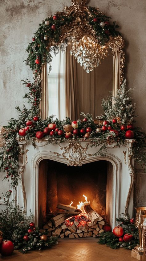 Elegant fireplace with vintage gold mirror, adorned with red and white Christmas decor, greenery, pomegranates, and a warm Candles On Mantle For Christmas, Fireplace Holiday Decor, Cozy Christmas Mantle, Christmas Mirrors, Christmas Mantle Ideas, Holiday Fireplace Decor, Mantle Decorating Ideas, Festive Fireplace, Elegant Fireplace