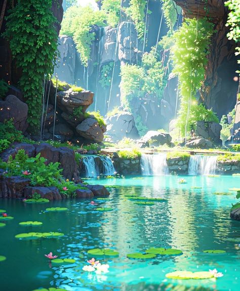 Hidden Oasis, Landscape Flowers, Outdoor Artwork, Waterfall Landscape, Beauty Nature, Nature Drawing, Ghibli Art, Photography Beauty, Creative Pictures