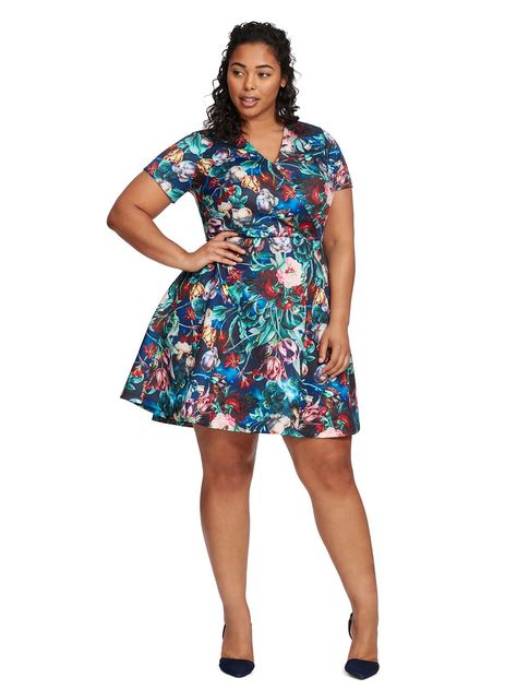 V-Neck Floral Print Fit And Flare Dress Scuba Knit, Night Out Dress, Fit N Flare Dress, Plus Size Dress, Fit And Flare Dress, Fit Flare Dress, Flare Skirt, Flare Dress, Fit And Flare