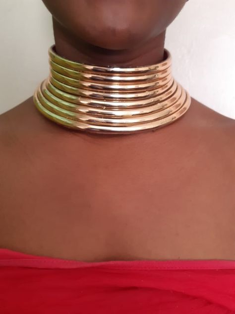 Neck Rings African, African Choker Necklace, Gold African Jewelry, Zulu Aesthetic, African Mood Board, African Gold Jewelry, Africa Chic, African Choker, South African Jewelry