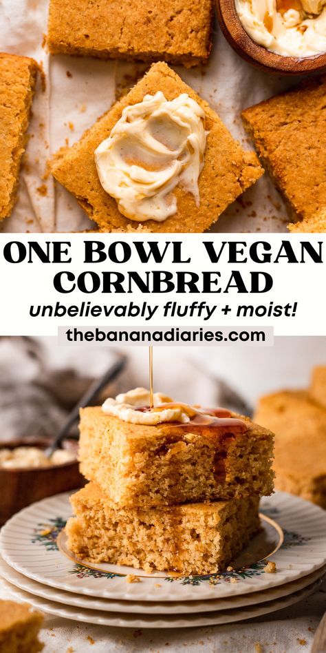 Moist, sweet, and fluffy vegan cornbread that's so quick and easy to make!! No one will know this cornbread is dairy free and no eggs! Vegan Cornbread Recipe, Sweet Cornbread Muffins, Fluffy Cornbread, Easy Cornbread Recipe, Vegan Sweet Potato Casserole, Sweet Potato Cornbread, Vegan Cornbread, Vegan Bread Recipe, Healthy Thanksgiving Recipes